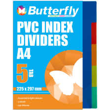 Butterfly A4 File Dividers 140 Micron PVC 5 Tab Pack of 5 Dividers