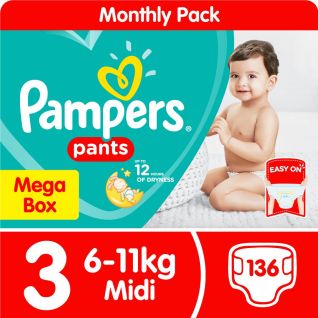 Pampers Pants Size 3 Midi (6-11kg) Mega Box 136 Nappies