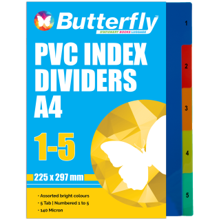 Butterfly A4 File Dividers PVC 140 Micron Numbered 1-5 Pack Of 5