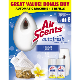 Air Scents Autofresh Automatic Spray Plus 2 X 250ml Refills Fresh Linen
