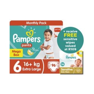 "Pampers Pants S6 Mega Box 96 Nappies+ Pampers Baby Wipes Sensitive 4s 4x56"