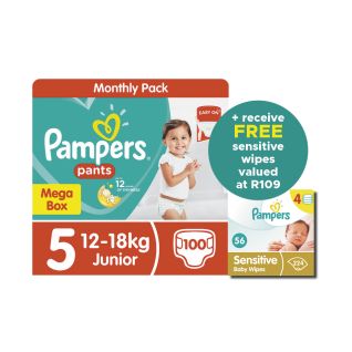 "Pampers Pants S5 Mega Box 100 Nappies+ Pampers Baby Wipes Sensitive 4s 4x56"