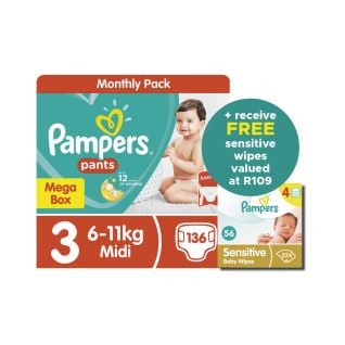 "Pampers Pants S3 Mega Box 136 Nappies+ Pampers Baby Wipes Sensitive 4s 4x56"
