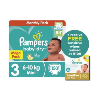 "Pampers Baby Dry S3 Mega Pk 150 Nappies+ Pampers Baby Wipes Sensitive 4s 4x56"