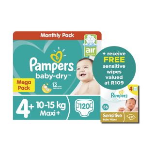 "Pampers Baby Dry S4+ Mega Pk 120 Nappies+ Pampers Baby Wipes Sensitive 4s 4x56"
