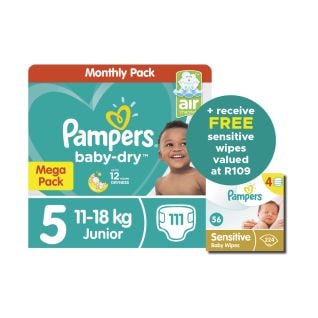 "Pampers Baby Dry S5 Mega Pk 111 Nappies+ Pampers Baby Wipes Sensitive 4s 4x56"