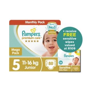 "Pampers Prmum Care S5 Mega Pk 88 Nappies+ Pampers Baby Wipes Sensitive 4s 4x56"
