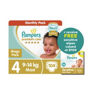 "Pampers Prmm Care S4 Mega Pk 104 Nappies+ Pampers Baby Wipes Sensitive 4s 4x56"