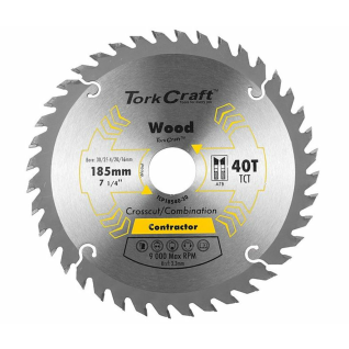 Tork Craft Contractor Circular Saw Blade185 X 40T 30/20/16/1 Tct